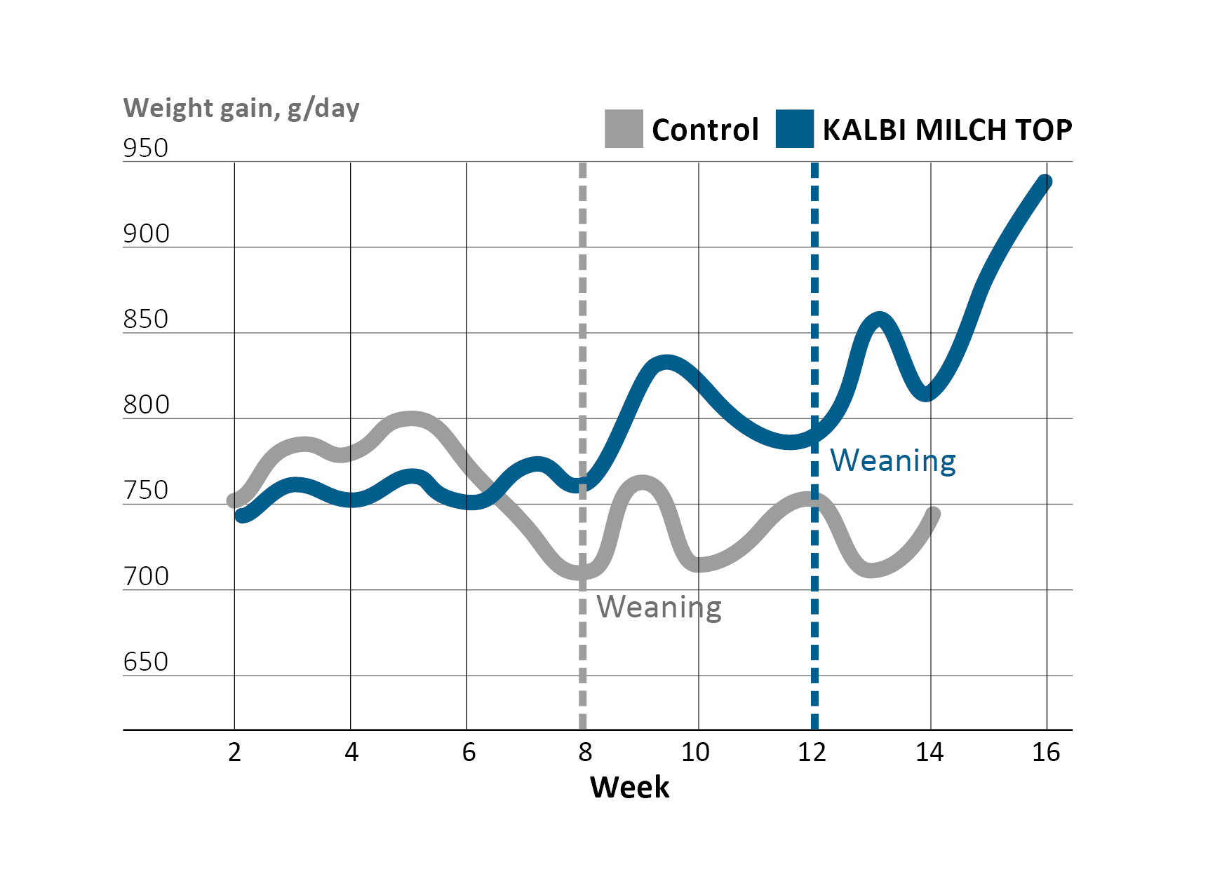 Daily weight gains after weaning off liquid feed